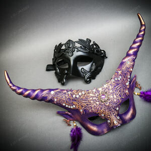 Masquerade Mask & Black & Purple Horned Devil Eye Mask Couple Mask Set